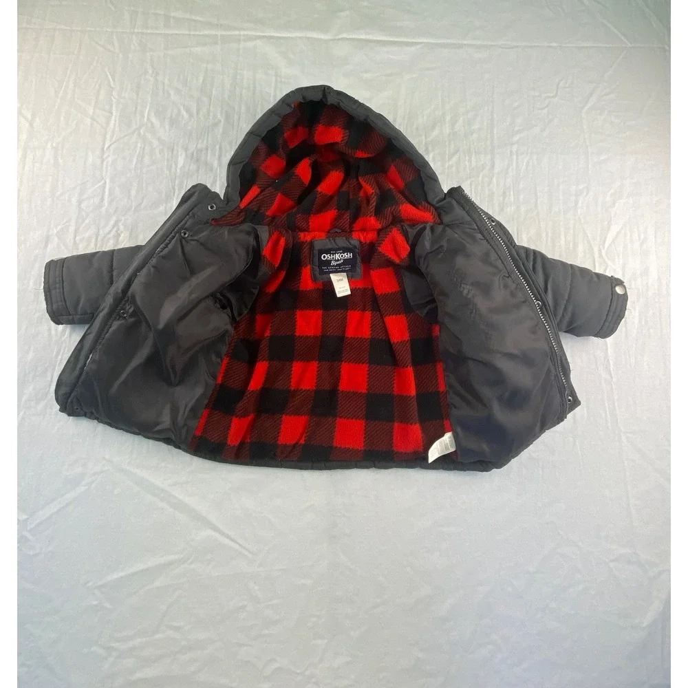 OshKosh Bgosh Boys‎ Gray Hooded Puffer Jacket Buffalo Plaid Fleece Lined 24M